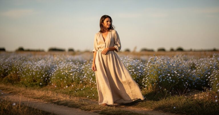 Femme portant une robe en lin beige dans un champ de lin en Normandie