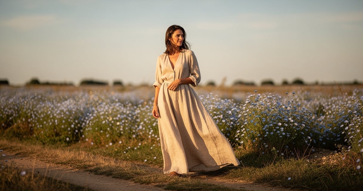 Femme portant une robe en lin beige dans un champ de lin en Normandie