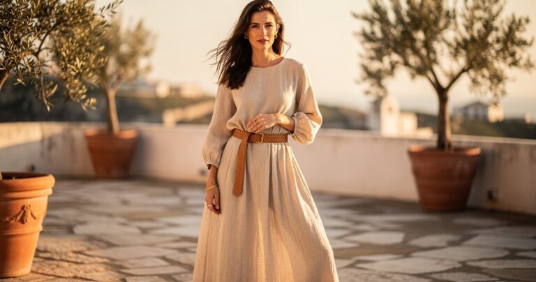 Femme portant une ceinture en cuir tressé sur une robe longue en lin naturel
