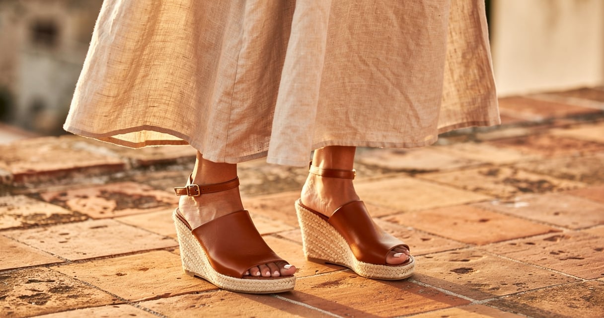 Robe longue en lin écru portée avec des espadrilles compensées en cuir cognac sur une terrasse méditerranéenne