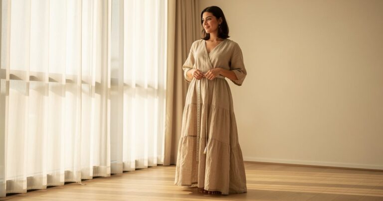 Femme en robe en lin beige prenant ses mesures avec un mètre ruban