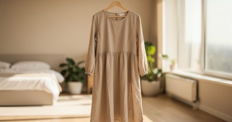 Robe longue en lin beige suspendue sur un cintre en bois dans une chambre lumineuse
