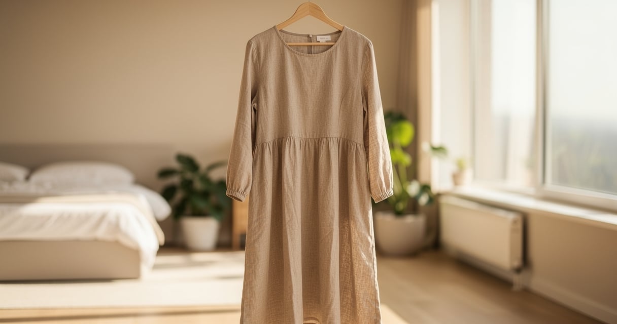 Robe longue en lin beige suspendue sur un cintre en bois dans une chambre lumineuse