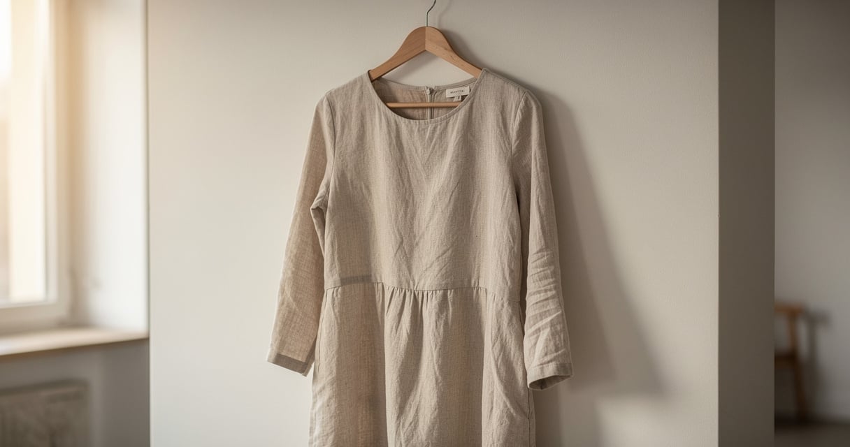 Robe longue en lin naturel suspendue sur un cintre en bois pres d une fenetre lumineuse