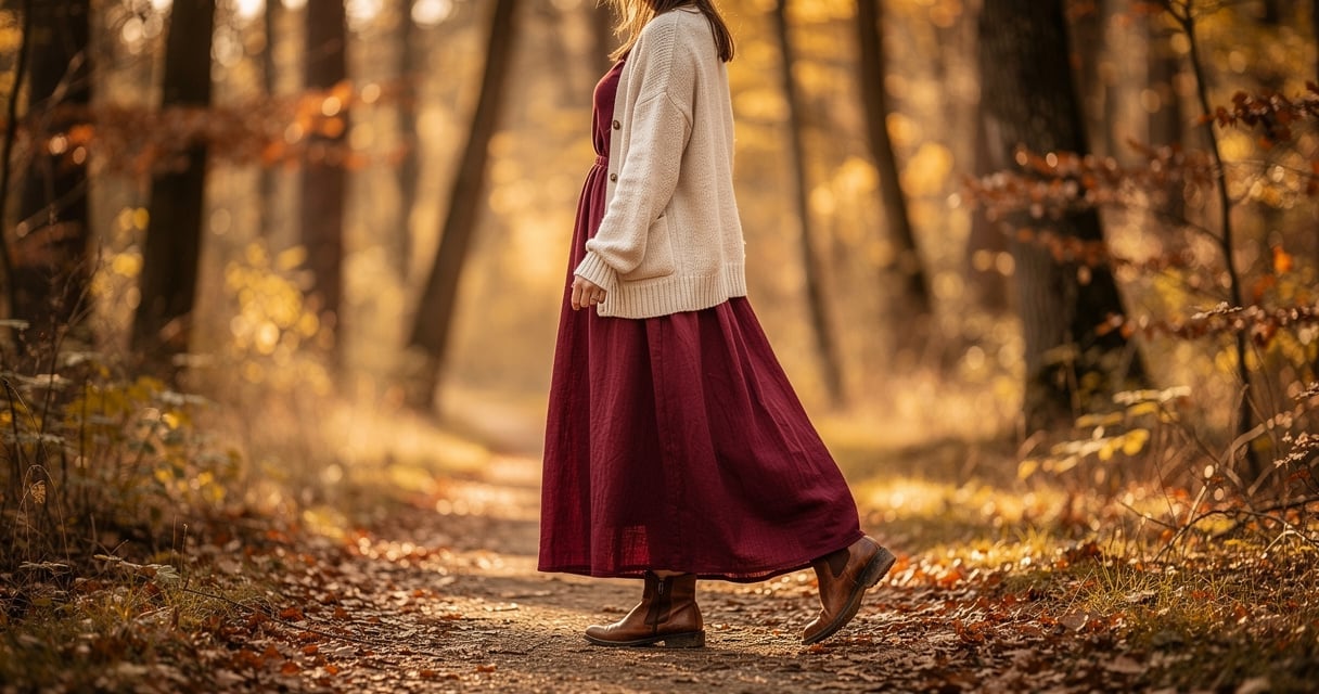 Femme en robe longue en lin bordeaux portée avec un cardigan crème et des bottines en cuir marron en automne