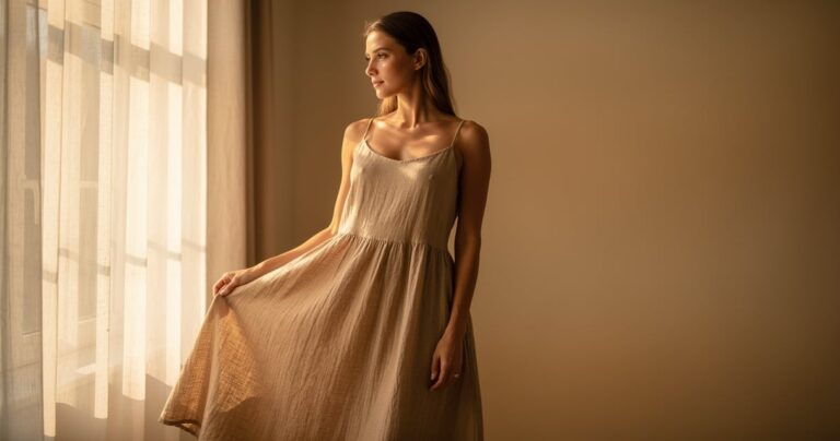 Robe en lin naturel teinte sable mise en valeur par la lumière du jour