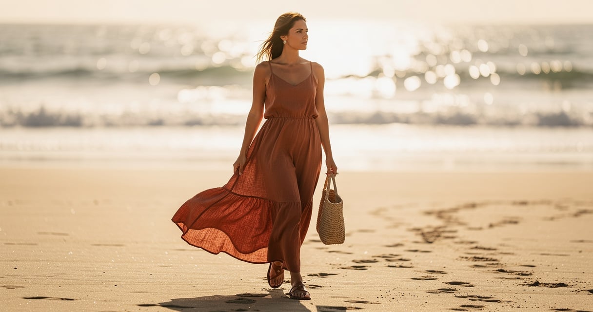 Femme en robe longue en lin terracotta marchant sur une plage méditerranéenne au coucher du soleil