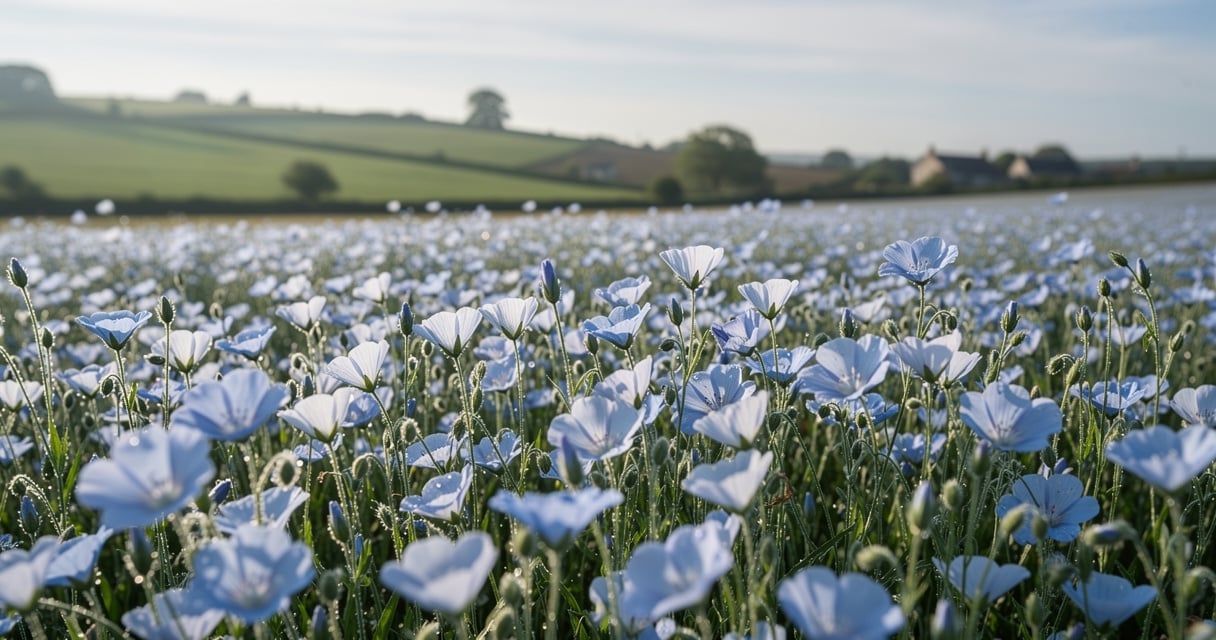 Champ de lin en fleurs sous la lumière douce du matin en Normandie