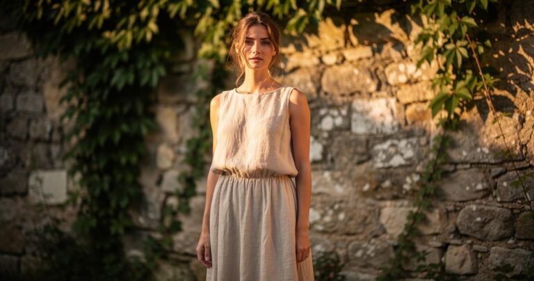 Femme portant une robe longue en lin naturel devant un mur en pierre