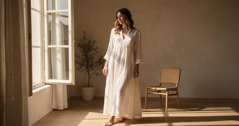 Femme portant une robe longue en lin blanc dans une lumière naturelle douce