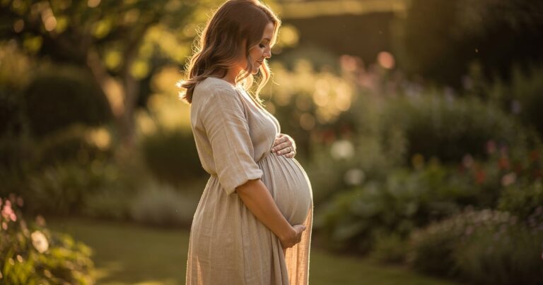 Femme enceinte en robe longue en lin beige dans un jardin ensoleille