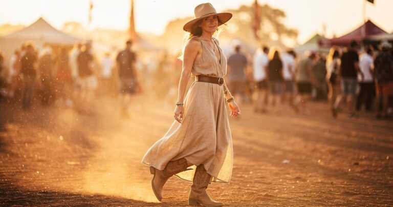 Femme en robe longue en lin couleur sable au festival, look bohème western