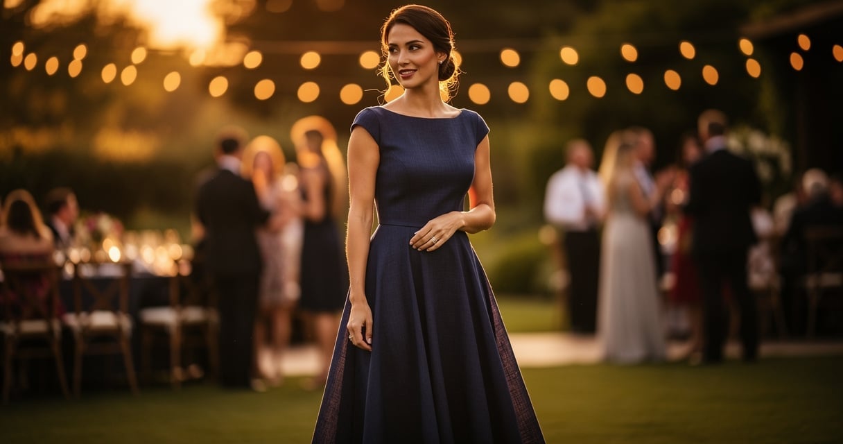Femme en robe longue en lin bleu nuit lors d'une soirée élégante en extérieur