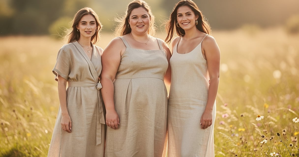 Trois femmes de morphologies differentes en robes longues en lin dans un pre ensoleille
