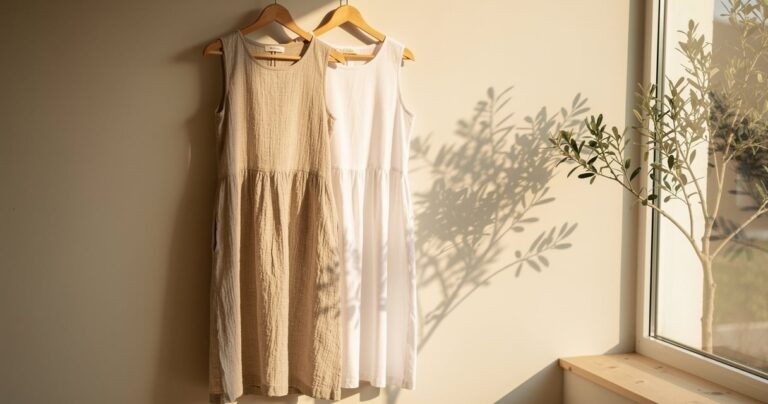 Robe en lin beige et robe en coton blanc suspendues côte à côte près d'une fenêtre