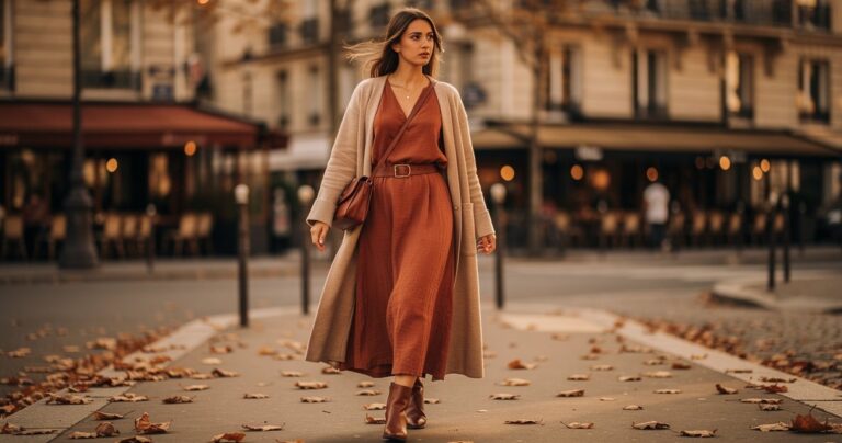 Femme en robe longue en lin terracotta portée avec bottines cuir et cardigan beige, look automne dans une rue parisienne