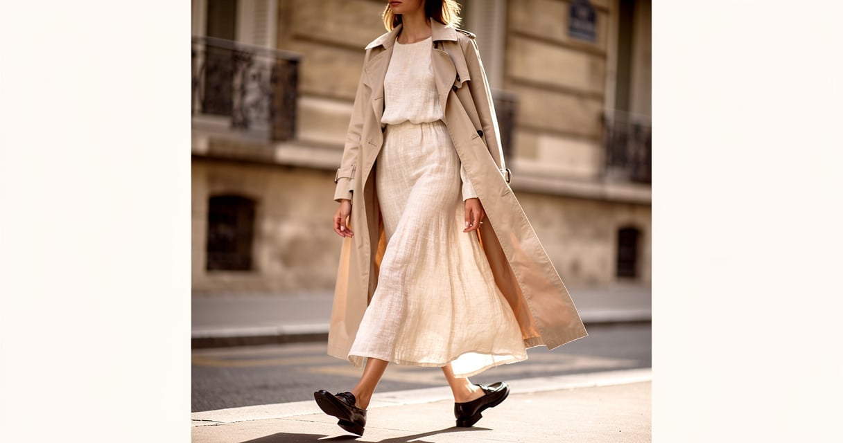 Femme en robe longue en lin écrue et trench beige dans une rue parisienne, look street style célébrité