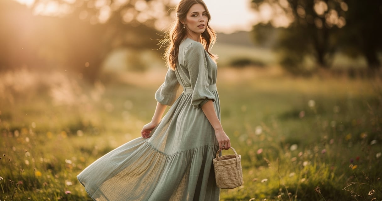 Femme en robe longue en lin sauge dans un mariage champêtre en plein air